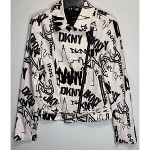 Vintage DKNY Size S Graffiti Moto Canvas Jacket Logo Skyline White Zip Sleeves